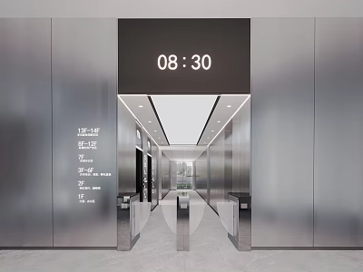 Modern Elevator Lobby With Metallic Walls Ceiling Lights And Digital Clock 3d model
