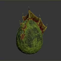 Green Egg Shaped Object With Red Yellow Spiked Top And Surface Patterns