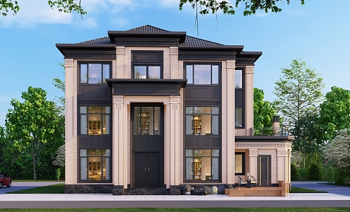 New Chinese-style three-story villa appearance su model 3d model