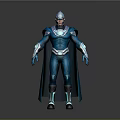 Futuristic Game and Movie Character in Blue Armor Costume with Glowing Chest Cape and Helmet