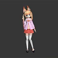 Anime Game Character With Fox Ears Pink Coat Red Skirt And White Stockings