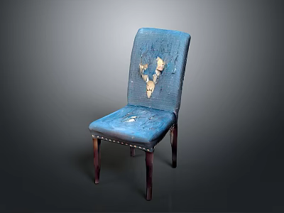 Distressed Blue Chair With Torn Fabric Upholstery And Wooden Legs Design 3d model