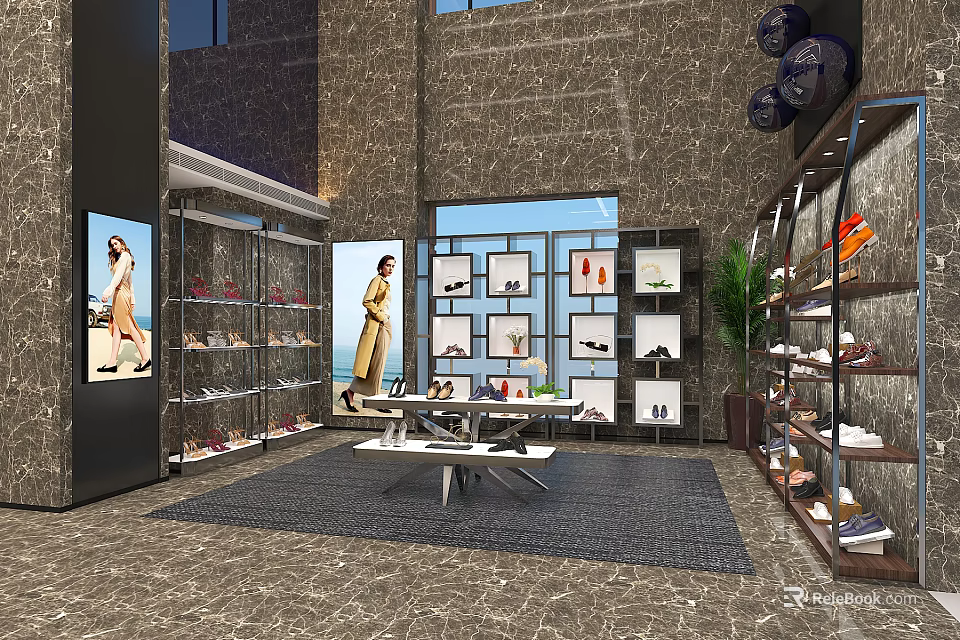 Stylish Shoe Store Interior With Display Shelves Mannequins Marble Flooring And Green Plants 3d model 