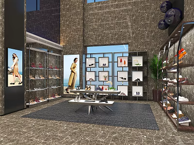 Stylish Shoe Store Interior With Display Shelves Mannequins Marble Flooring And Green Plants 3d model