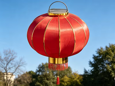 Red Lantern With Golden Accents Hanging Against Blue Sky And Trees 3d model