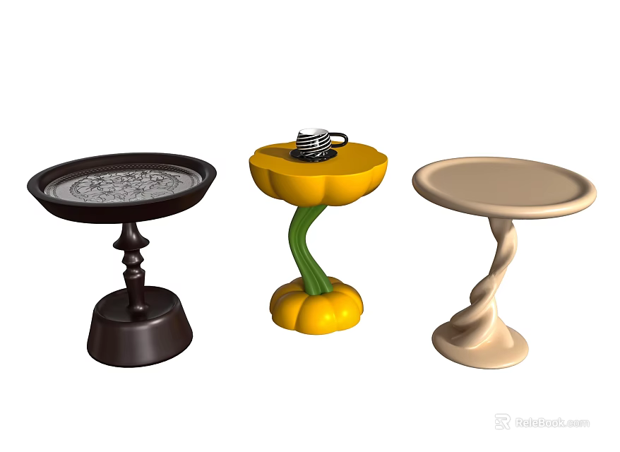 Various Designed Side Tables With Carved Tray Pumpkin And Twisted Bases In Dark Yellow Light Colors 3d model 