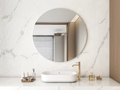 Round Mirror In Bathroom With Marble Wall And Sink 3d model