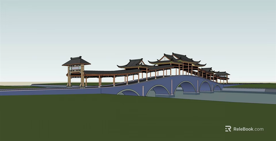 The Ancient Chinese Style Bridge Featuring Arched Structure And Pavilions By Green Water 3d model 