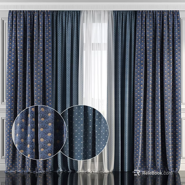 Navy Blue Curtains With Gold Polka Dots And Sheer White Panels Detailed Patterns 3d model 