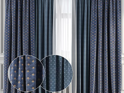 Navy Blue Curtains With Gold Polka Dots And Sheer White Panels Detailed Patterns 3d model