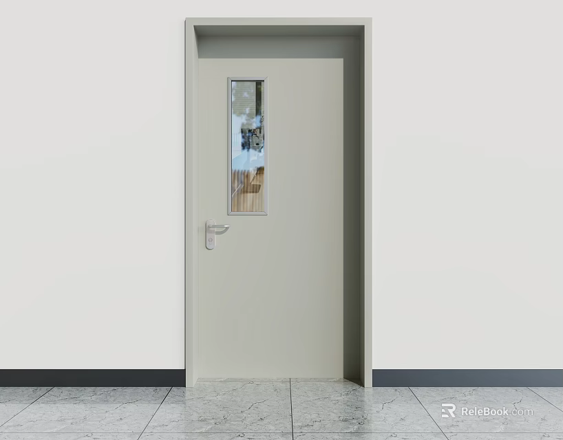 Light Beige Swing Door With Glass Panel And Silver Handle In White Wall Environment 3d model 