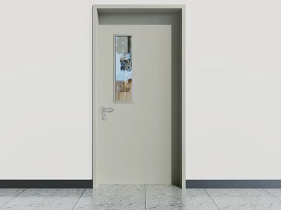 Light Beige Swing Door With Glass Panel And Silver Handle In White Wall Environment 3d model