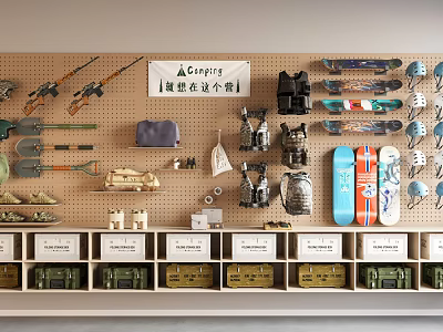 Pegboard Wall Decor With Tools Gear Skateboards And Storage 3d model