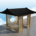 Antique Style Pavilion With Traditional Black Roof And Wooden Seats Design