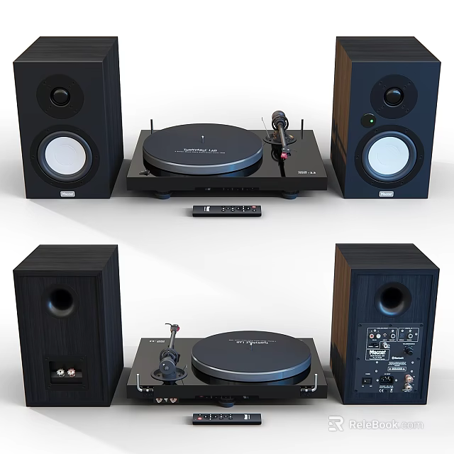 Modern HiFi Audio System With Black Speakers Vinyl Turntable And Amplifier 3d model