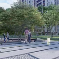 Scenic Feature Wall in Park Area with Large Trees Stone Platform Seating and People