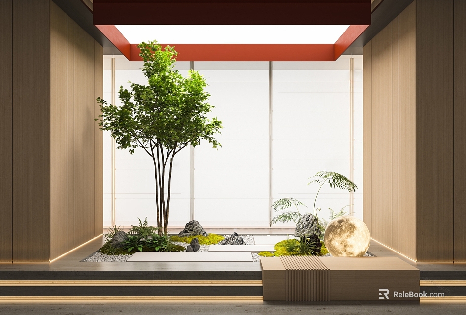 Modern Indoor Small Garden Decor Featuring Tall Tree Plants Stones Moon Light And Wood Frames 3d model 