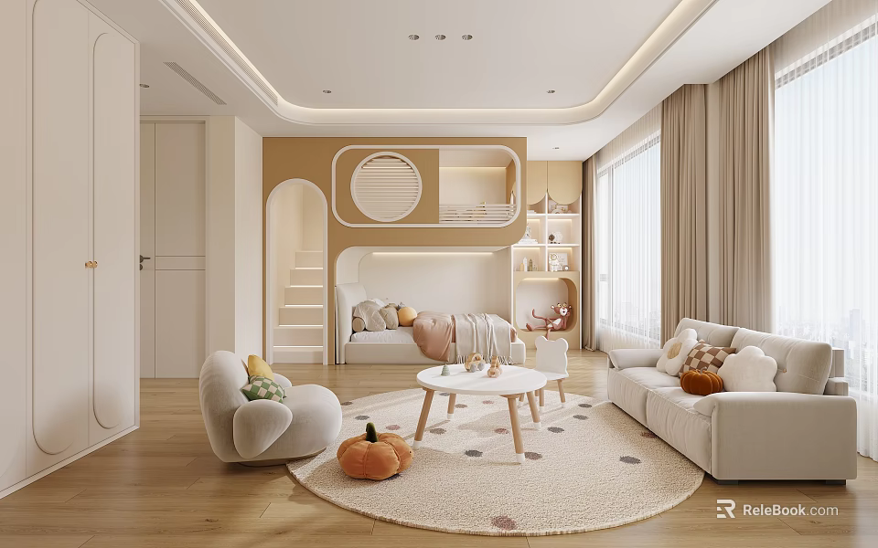 Cozy Kids Room Design With Bunk Bed Bookshelf Sofa Round Rug And Stuffed Toys 3d model 