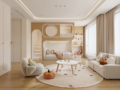 Cozy Kids Room Design With Bunk Bed Bookshelf Sofa Round Rug And Stuffed Toys 3d model