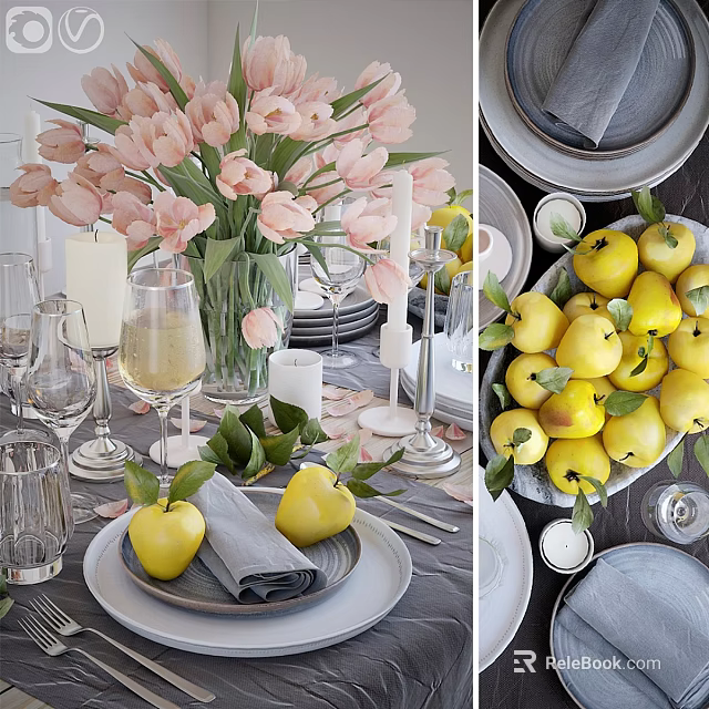 Elegant Tableware Set With Pink Tulips Wine Glasses Yellow Fruits And Napkins 3d model 