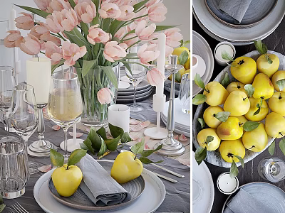 Elegant Tableware Set With Pink Tulips Wine Glasses Yellow Fruits And Napkins 3d model