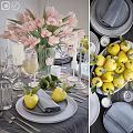 Elegant Tableware Set With Pink Tulips Wine Glasses Yellow Fruits And Napkins