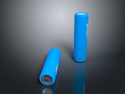 Blue Cylindrical Batteries In Standing And Lying Positions On Reflective Surface 3d model