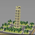 Miniature Leaning Tower Architectural Model With Green Trees On Square Base