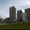 Modern High Rise Residential Building Featuring Urban Landscape Blue Sky White Clouds and Green Trees