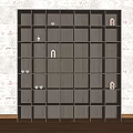 Wooden Storage Cabinet Shelf with Dark Finish Multiple Compartments Against Brick Wall and Wooden Floor