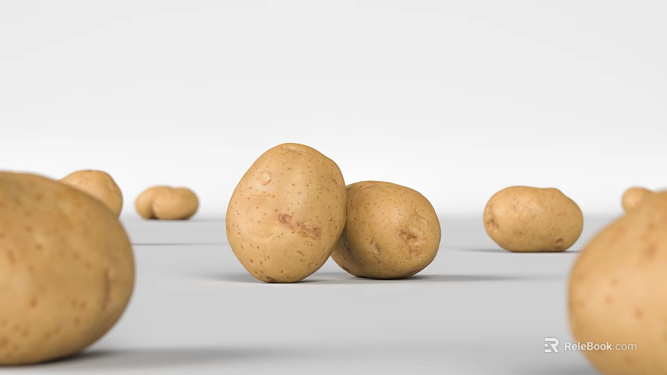 Fresh Brown Potatoes Scattered on White Surface with Natural Skin Texture 3d model 
