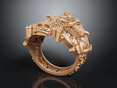Intricate Golden Ring Featuring Castle Dragon And Ornate 3D Carved Details 3d model