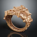Intricate Golden Ring Featuring Castle Dragon And Ornate 3D Carved Details