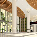 Modern School Lobby Interior With Glass Curtain Wall Columns And Green Plants