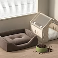 Cozy Pet Bed And Wooden Pet House With Food Bowl On Wooden Floor Near Window
