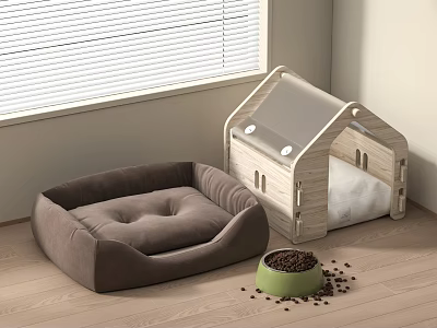 Cozy Pet Bed And Wooden Pet House With Food Bowl On Wooden Floor Near Window 3d model