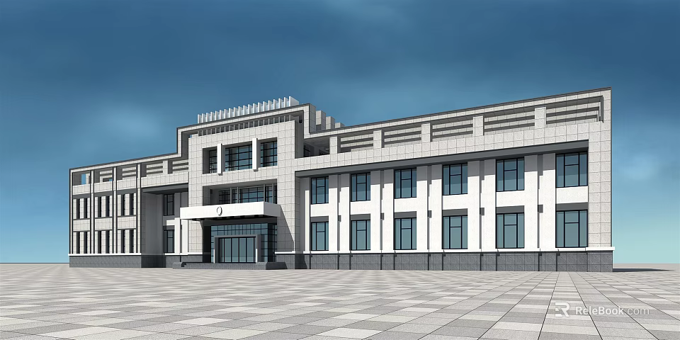 Modern Office Building With White Gray Exterior Multiple Windows And Front Plaza 3d model