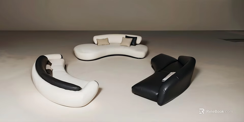 Unique Shape Leather Sofa in White and Black with Modern Curved Design for Living Room 3d model 