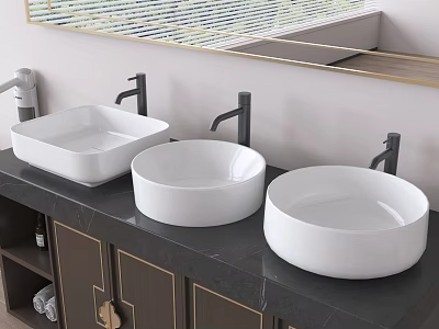 Three White Ceramic Bathroom Sinks With Black Faucets On Black Countertop And Dark Cabinets 3d model