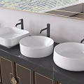 Three White Ceramic Bathroom Sinks With Black Faucets On Black Countertop And Dark Cabinets