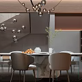 Modern Restaurant Interior With Long Dining Table Grey Chairs And Stylish Chandelier