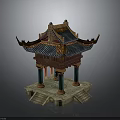 Traditional Chinese Pavilion Architecture With Blue Tile Roof Decorative Eaves Green Columns And Stone Base