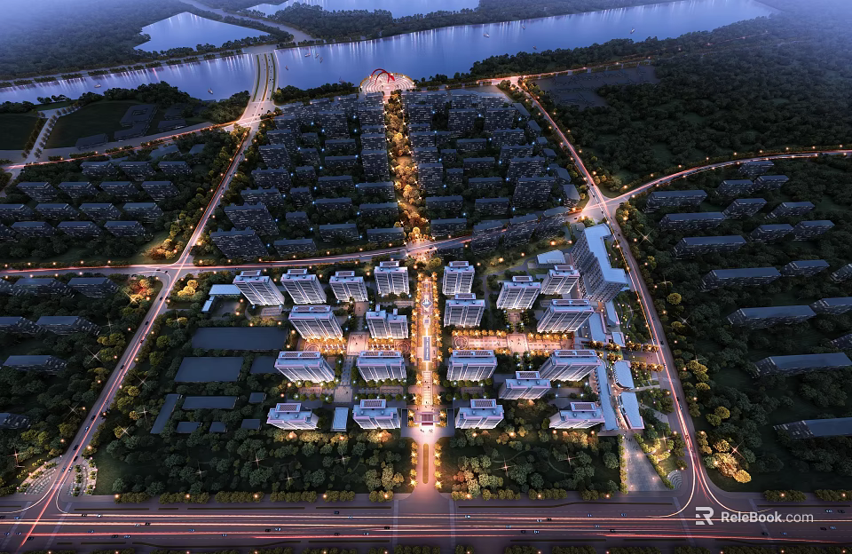 Aerial View Master Plan of Urban Area with River Road Network and Building Layout 3d model 