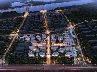Aerial View Master Plan of Urban Area with River Road Network and Building Layout 3d model