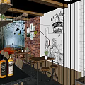 Café Interior With Wooden Bar Counter Bar Stools Hanging Lights Bottle Shelves And Green View