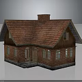 Traditional Brick House With Red Tiled Roof Chimney Wooden Door Windows And Stone Base