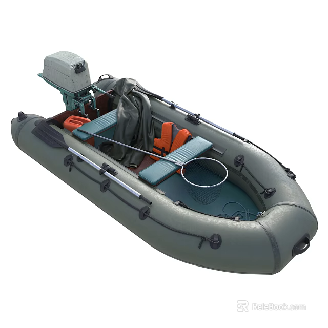 Gray Inflatable Motor Boat As Water Transport With Seats And Orange Cushions 3d model 