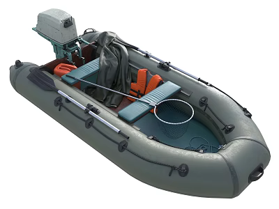 Gray Inflatable Motor Boat As Water Transport With Seats And Orange Cushions 3d model