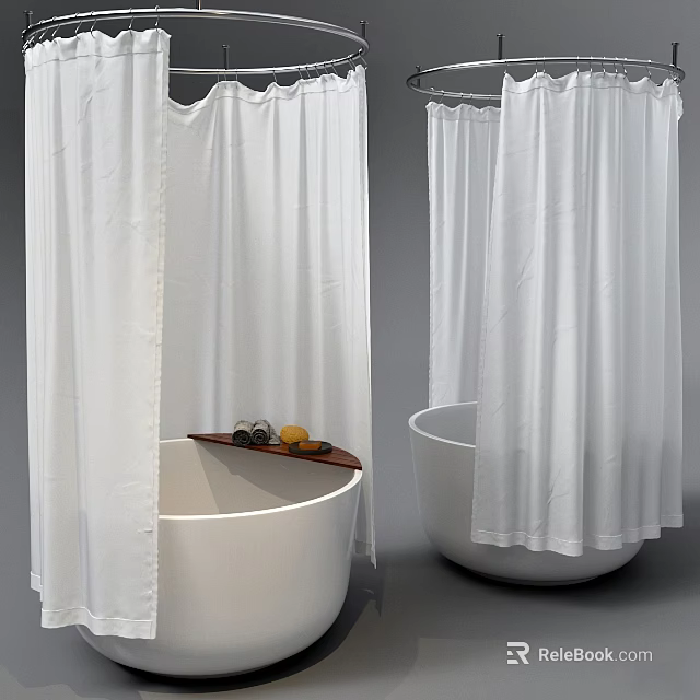 White Bathtub with White Shower Curtain and Wooden Tray Holding Bath Items 3d model 
