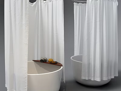 White Bathtub with White Shower Curtain and Wooden Tray Holding Bath Items 3d model